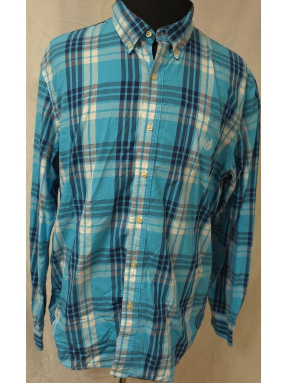Chaps Easy Care Mens XXL Blue Plaid Long Sleeve Logo Button Down Shirt